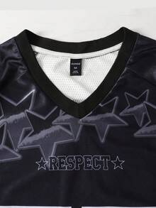 ROMWE MEN Prep Men's V-Neck Raglan Sleeve 77 Print Casual Summer Versatile T-Shirt - Black - View 3