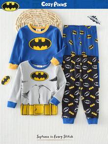 BATMAN X Cozy Pixies 4pcs Young Boy Snug Fit Pajama Set, Cartoon Superhero Pattern Soft Knit Crew Neck Long Sleeve Top And Elastic Waist Long Pants - Grey - View 5