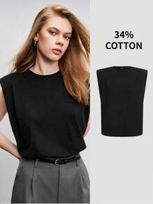 BizChic Women's Black Cotton Padded Shoulder Casual Vest Top, Loose Fit, Suitable For Urban Commute, Office, Business Casual, Party, And Other Occasions - Black - View 2