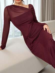 Modelyn 女士优雅通勤纯色扭结中长连衣裙 - 酒紅色 - 查看 4