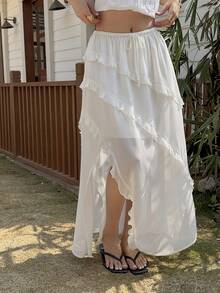 Livesso Spring & Summer White Ruffled Asymmetric Hem Casual Vacation Beach Chiffon Skirt, Elegant For Commuting, Romantic, Wedding - White - View 5