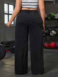 Flexra 大码女式抽绳腰带口袋休闲百搭日常阔腿牛仔裤 - 深灰色 - 查看 2