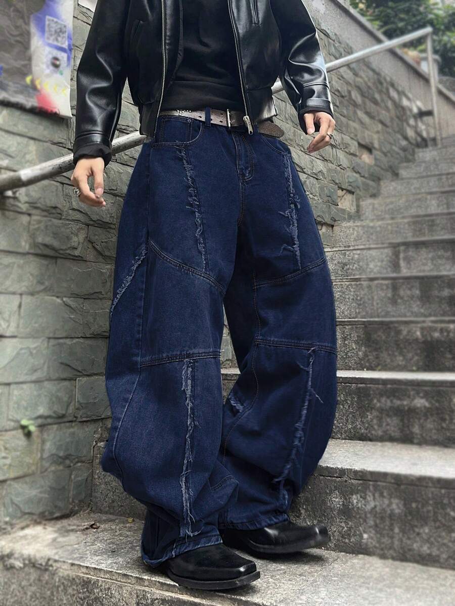 Manfinity EMRG 男士休闲时尚街头风破洞宽松喇叭牛仔裤，适合日常通勤，男士超大码牛仔裤，Y2K风格男士牛仔裤 - 深色水洗藍 - 查看 1