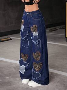 Flirla Jeans de pierna ancha con patrón de corazón de leopardo bordado - Azul lavado oscuro - Ver 3