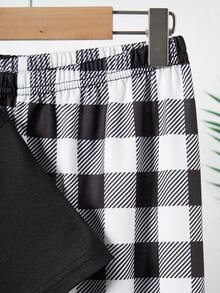 2pcs/Set Teenage Boys' Black Short Sleeve Top And Plaid Pants Casual Pajama Set - Black - View 7