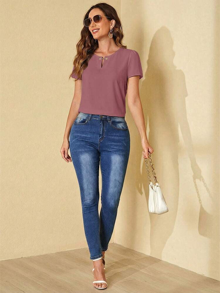 SHEIN Clasi Women's Solid Color Round Neck Casual Versatile Commuting Short Sleeve Shirt,Summer Top - Pink - View 4