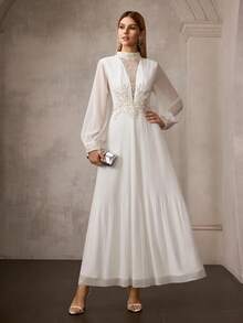 MOTF Soiréza 撞色蕾丝高领灯笼袖雪纺连衣裙 - 白色 - 查看 2