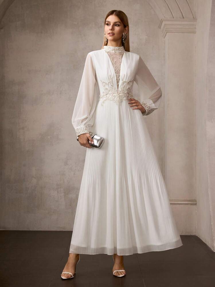 MOTF Soiréza CONTRAST LACE MOCK NECK LANTERN SLEEVE CHIFFON DRESS