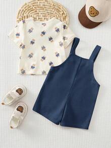 Cozy Pixies 2pcs Baby Boy Cartoon Bear Pattern Knit Soft Crew Neck Long Sleeve Pullover Top And Bib Overalls Pants Set - Multicolor - View 2