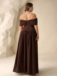 Coutiva 大码露肩褶裥鱼尾正式晚礼服，优雅精致 - 棕色 - 查看 2