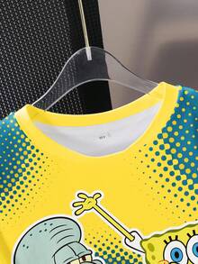 SpongeBob SquarePants | SHEIN Tween Boys Short Sleeve T-Shirt With Full Print - White - View 3