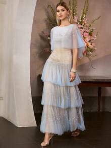 MOTF PREMIUM 女士新款蓝色网纱串珠层叠连衣裙，飘逸薄纱荷叶边长款连衣裙，宴会走秀晚礼服 - 藍色 - 查看 1