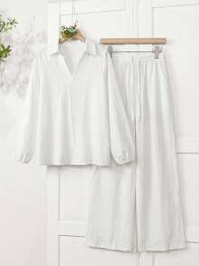 EMERY ROSE 女士纯色翻领长袖上衣和口袋裤休闲两件套 - 白色 - 查看 11