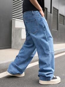 Manfinity Hypemode 男士美式街头时尚可调节腰带设计蓝色水洗宽松阔腿牛仔裤 - 中等水洗藍 - 查看 2