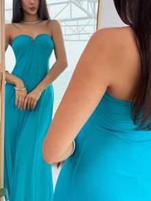 Aloruh New Romantic V-Neck Strapless Plunging Neckline Maxi Flowy Dress, Macaron Blue-Green, A-Line Silhouette, Flattering - Mint Blue - View 6