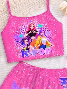 SHEIN 2pcs/Set Baju Anak Perempuan Modis & Motif Huruf & Bintang Grup K-POP, Pakaian Bermotif Gaya , Karakter Kartun Berwarna-warni - MultiWarna - View 3