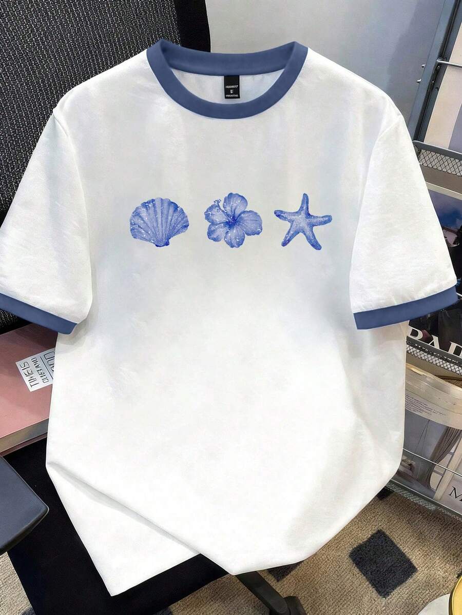 Manfinity Joysei 男士休闲拼接T恤，饰有贝壳、海星和芙蓉花图案，适合夏季户外穿着 - 白色 - 查看 1