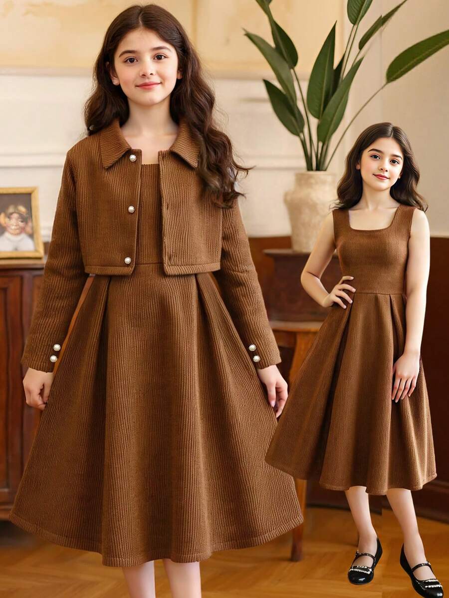 SHEIN Tween Girl Casual Elegant French Style Short Jacket & Dress 2-Piece Set, Spring/Autumn - Brown - View 1