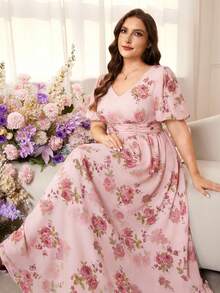 Modelyn Romantic Chiffon Floral Print Puff Sleeve A-Line Plus Size Maxi Dress, Spring/Summer - Multicolor - View 1