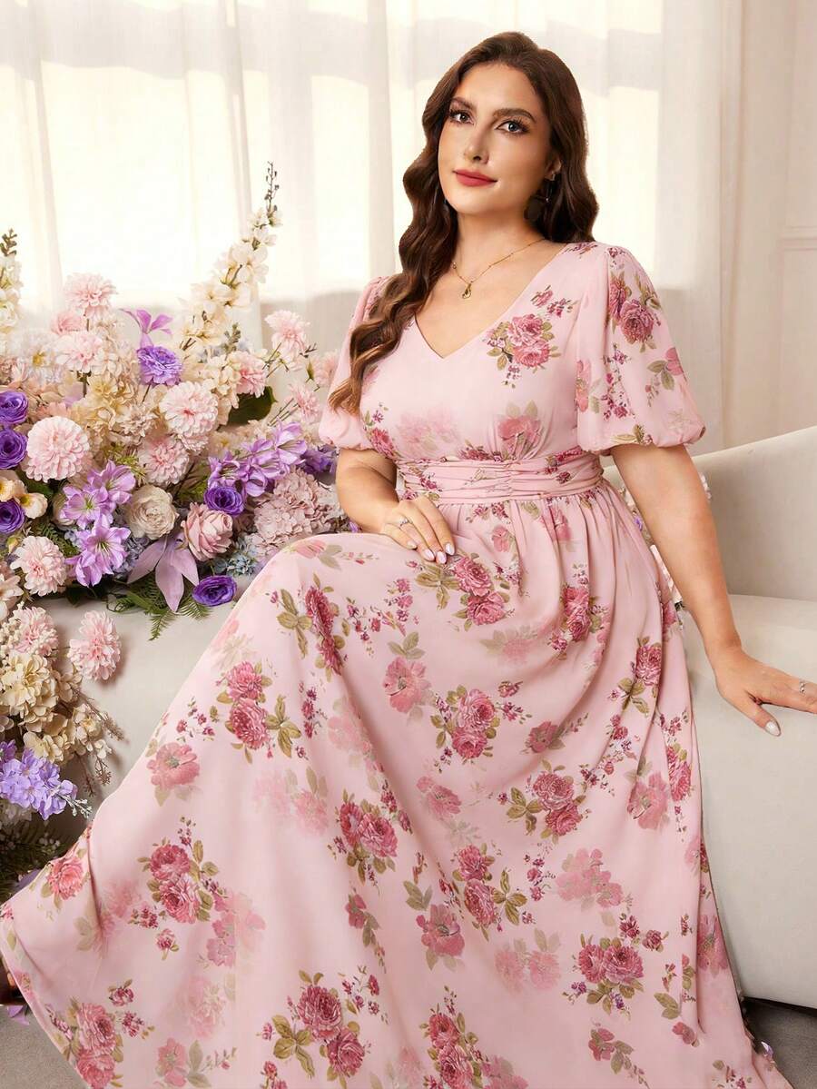 Modelyn Romantic Chiffon Floral Print Puff Sleeve A-Line Plus Size Maxi Dress, Spring/Summer - Multicolor - View 1