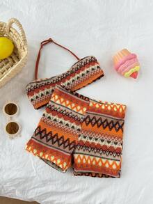 Dazy Kids Young Girl Summer Beach Vacation Colorblock Striped Geometric Embroidery Cropped Halter Bikini Set Set - Multicolor - View 1