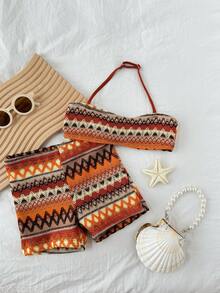 Dazy Kids Young Girl Summer Beach Vacation Colorblock Striped Geometric Embroidery Cropped Halter Bikini Set Set - Multicolor - View 4