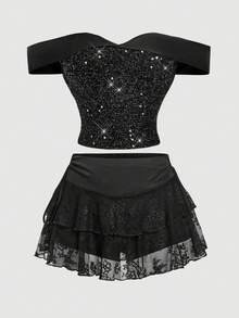 SHEIN MOD Women's Black Summer 70s Party Off-Shoulder Vintage Court Top,Shiny Sequin Embroidery,Sparkling Rhinestone Embellished Fitted Elegant Glitter Top - Black - View 7