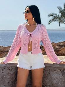SHEIN Spring Lightweight Knitted Tie-Front Cardigan With Textured Diamond Pattern, Soft Baby Pink Color, Feminine Chic Layering Essential - Red - View 3
