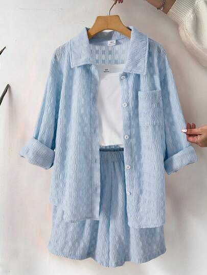 SHEIN This Set Consists Of Three Items: A Long-Sleeved Knitted Patterned Shirt With A Turn-Down Collar And Button-Up Front, A White, Fitted Short-Strap Vest, And Knitted Patterned Shorts With Elastic Waists. This Three Pieces Set Is Ideal For Girls To Wear In Their Daily Casual Life Or During Vacations In The Summer.