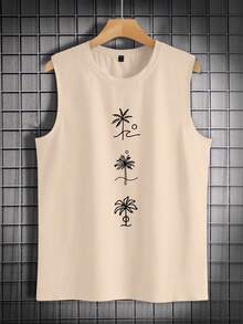 RivetRise 男士夏季度假米色无袖背心，简约棕榈树椰子树线条艺术印花圆领宽松肌肉背心，适合假日海滩外出健身休闲穿着，男士椰子树印花圆领休闲背心，夏季 - 卡其色 - 查看 2