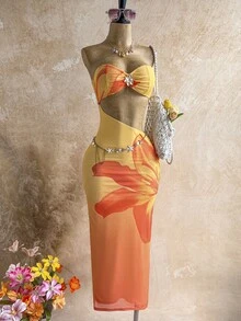 Soleia 女士管状金属花朵装饰镂空性感沙滩度假约会长裙 - 彩色 - 查看 3