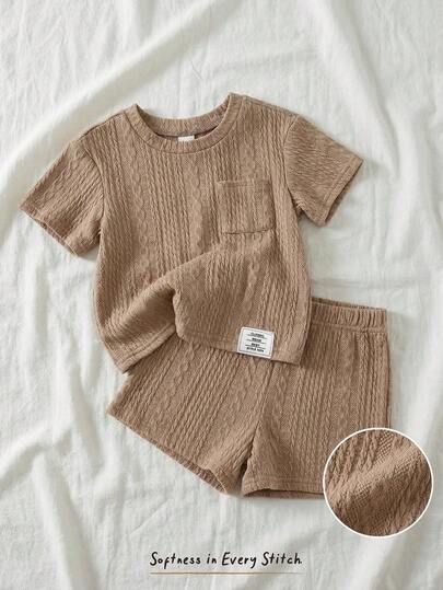 Cozy Pixies 2pcs Baby Boy Solid Color Knit Soft Crew Neck Short Sleeve Top And Elastic Waist Shorts Set