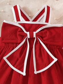 SHEIN Baby Girl Elegant Textured Fabric Contrast Bow Dress - Red - View 4