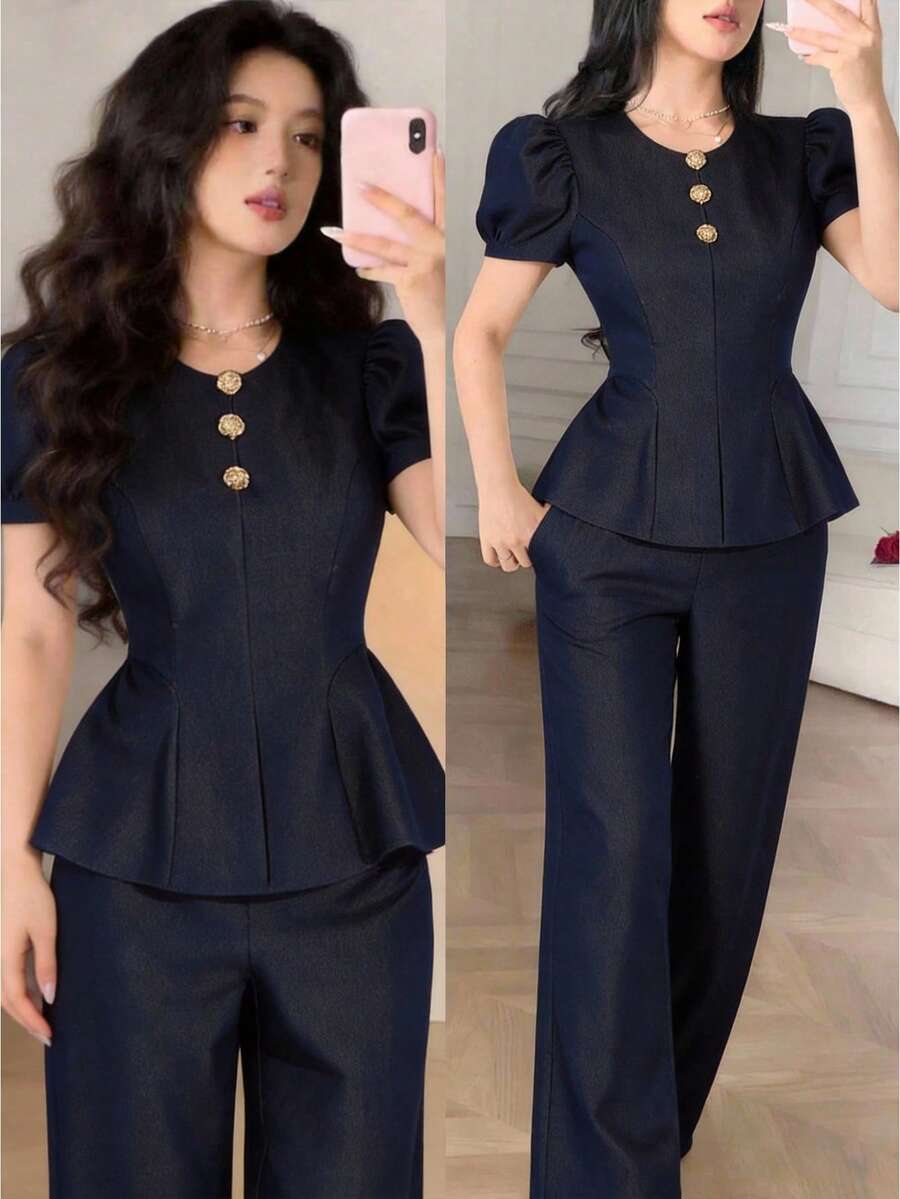 Feyla 女士金属3D立体花卉装饰短泡泡袖上衣和喇叭裤优雅两件套 - 深色水洗藍 - 查看 1