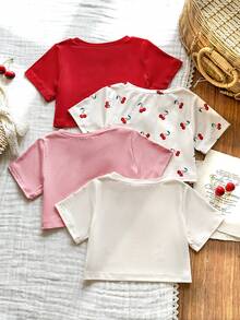 SHEIN Vintaside Kids 4件装女童休闲卡通樱桃印花短款圆领T恤，适合日常穿着、外出、度假、拍照、春夏穿着 - 彩色 - 查看 2