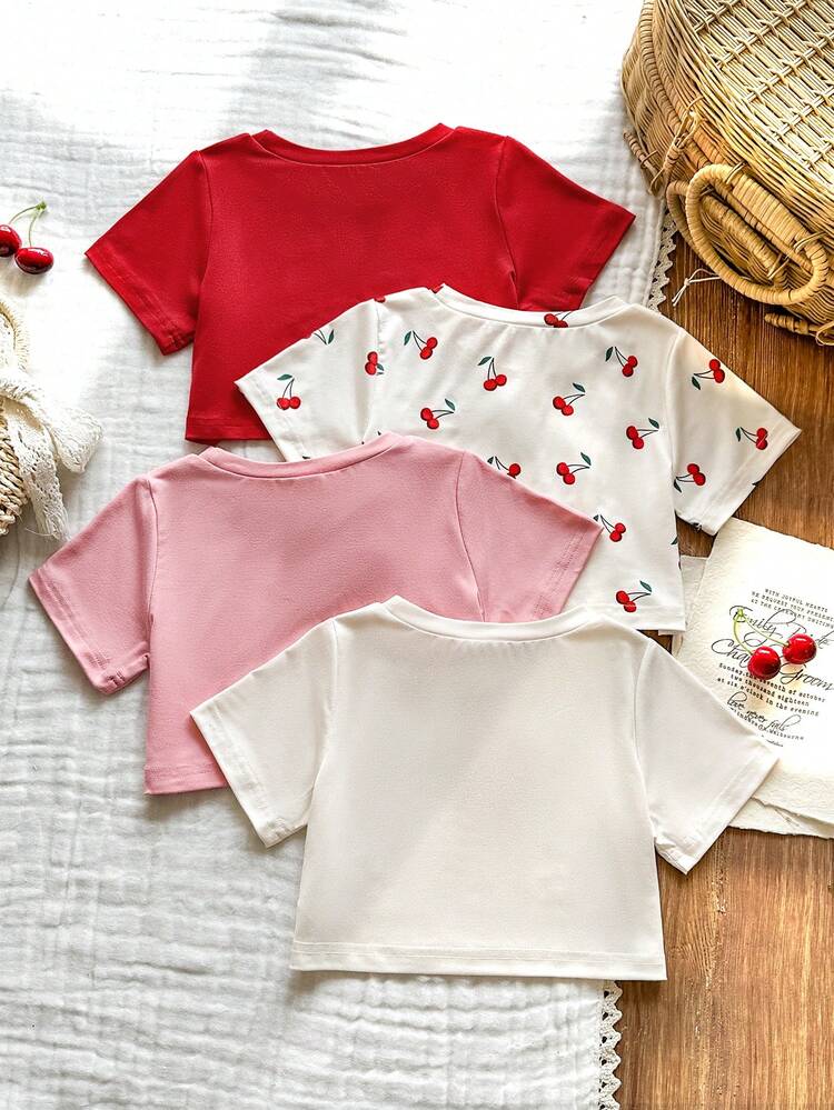 SHEIN 女の子用カジュアルなチェリー柄クロップド丸首Tシャツ 4枚