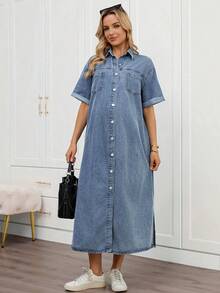 SHEIN 孕妇翻领纽扣口袋休闲日常牛仔短袖连衣裙 - 藍色 - 查看 3