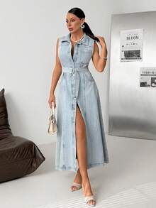 SHEIN Casual, Sleeveless, Washed, Belted, Button Fronts,Pocket Details ,Long Denim Dress - Light Wash - View 2
