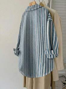 SHEIN LUNE 大尺碼女款淺藍色條紋襯衫，鈕扣開襟長袖上衣，夏季休閒商務辦公穿搭，復古波希米亞風 - 藍色 - 查看 2