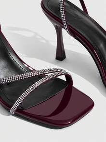CUCCOO SZL Giày sandal cao gót mũi vuông đính đá vàng nhạt thời trang dành cho nữ, thích hợp đi làm, hẹn hò, dự tiệc Giáng sinh. - Màu Đỏ Sâu - Xem 5
