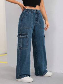 SHEIN EZwear 大码女式带口袋纽扣休闲宽松水洗牛仔阔腿裤 - 霧霾藍 - 查看 4