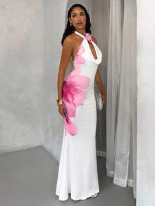 Glamine Elegant White And Pink Butterfly 3D Floral Draped Neck Open Back Maxi Bodycon Dress,Women's Summer Holiday Vacation Resort Wear Party Outfit - White - View 6