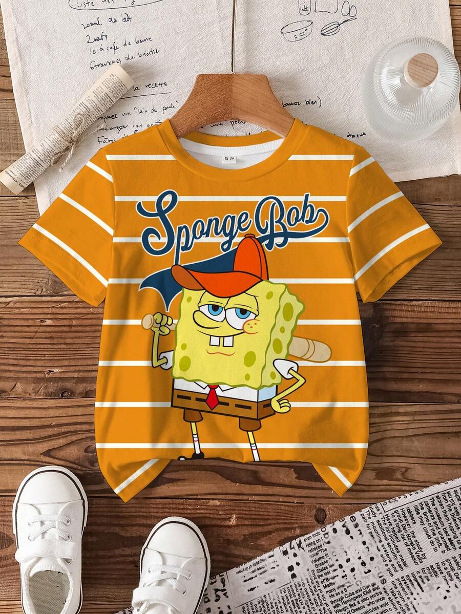 SpongeBob SquarePants | SHEIN 男童圆领短袖休闲卡通可爱印花夏季T恤， - 白色 - 查看 1