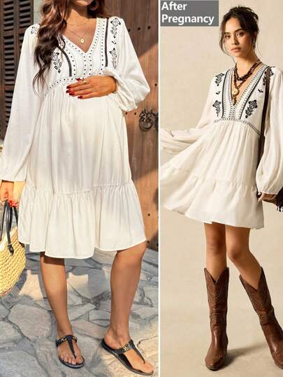 SHEIN Đầm bầu tay dài cổ chữ V in hoa, viền bèo nhún