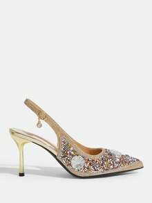 CUCCOO TILAWA 女士镶钻尖头高跟鞋，时尚踝带礼服鞋，适合派对和宴会穿着 - 金色 - 查看 2