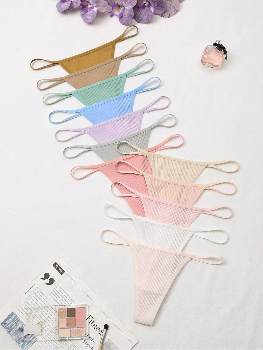Snug Zone Set de 12 bragas tipo tanga de unicolor acanalado para mujer - Multicolor - Ver 1