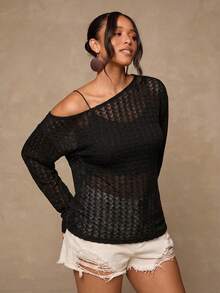 Freevana 大码休闲不对称肩针织上衣，百搭T恤，适合秋冬季节，长袖网纱上衣，女士露肩网纱透视上衣，黑色网纱上衣，女士长袖上衣，网纱罩衫，女士针织上衣 - 黑色 - 查看 3
