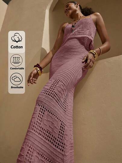 Bóhologie White Crochet Knit Maxi Dress With Off-Shoulder Layer And Spaghetti Straps