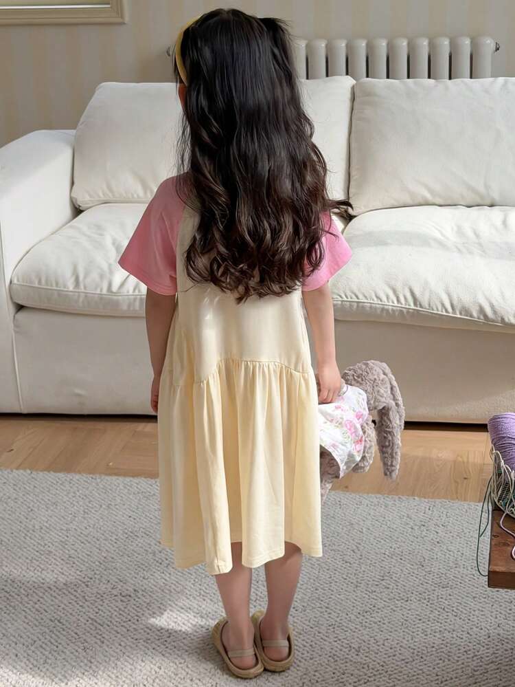 Young Girl Letter & Cartoon Print Contrast Color Raglan Short Sleeve Polo Collar Dress