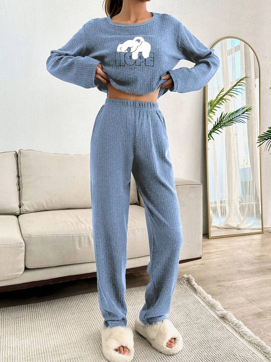 EURMUSE 2pcs Cute Lazy Koala Embroidery Detail PJ Set - Baby Blue - View 1